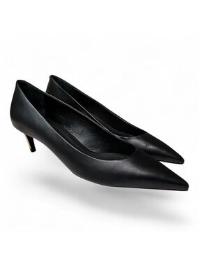 Schutz Lou Mid Curve Black Leather Kitten Heel Pumps Gold Heel Pointed Toe 7.5 B